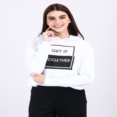 WEARLOOK Women's Rich Cotton Regular Fit Full Sleeve White Crop Hoodie Sweatshirt