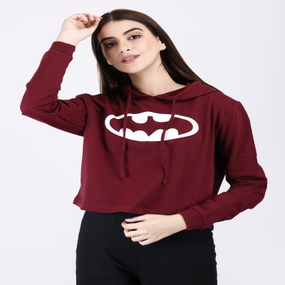 Women's Rich Cotton Regular Fit Full Sleeve Red Bat Man Print Crop Hoodie Sweatshirt