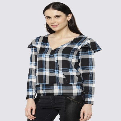 Women's Casual Full Sleeves V Neck Check Print Top
