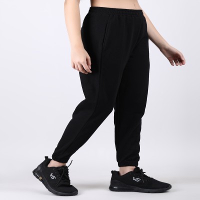 Women's Black Cotton Regular Fit Joggers Track Pants with 2 Pockets